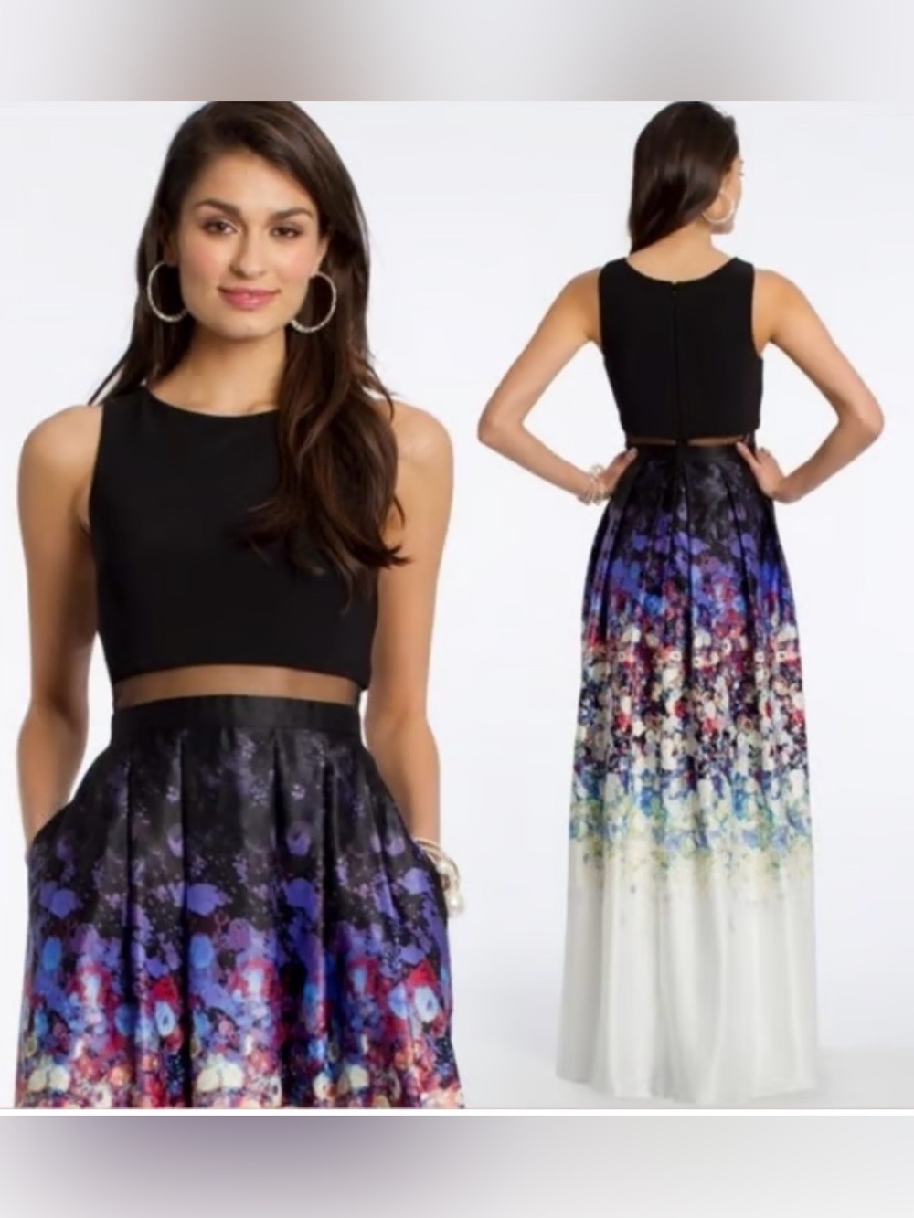 Betsy & Adam gown black bodice vibrant, multicolored floral print skirt Size 6